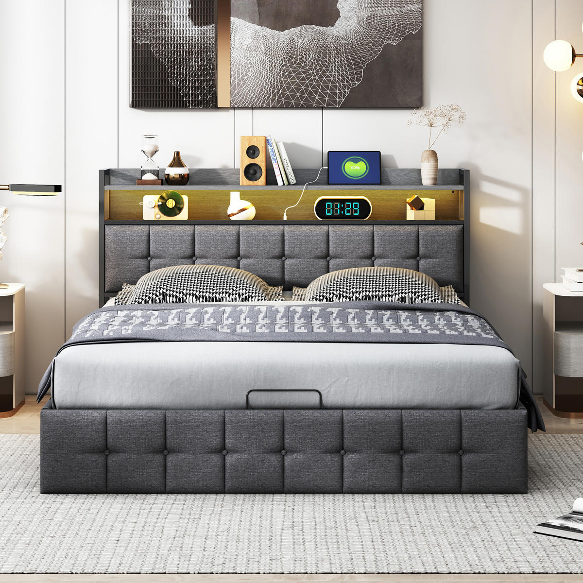 BETT mit Bettkasten 140x200 cm mit LED und USB, Polsterbett 140x200, Doppelbett 140x200 mit Stauraum, Lattenrost, Kopfteil, Grau Leinenstoff - Grau, Textil/Metall (140/200cm) - GENKI LIVING