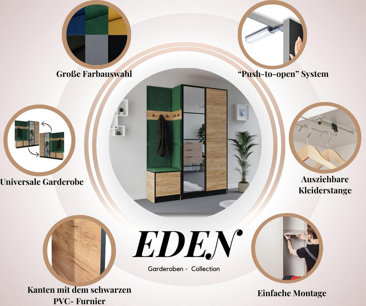 GARDEROBENSCHRANK EDEN 21 mit Spiegel - Eiche Craft Gold & Stoff Blau - Honigeiche/Blau, Holzwerkstoff (211/205/39cm) - Kier Furniture