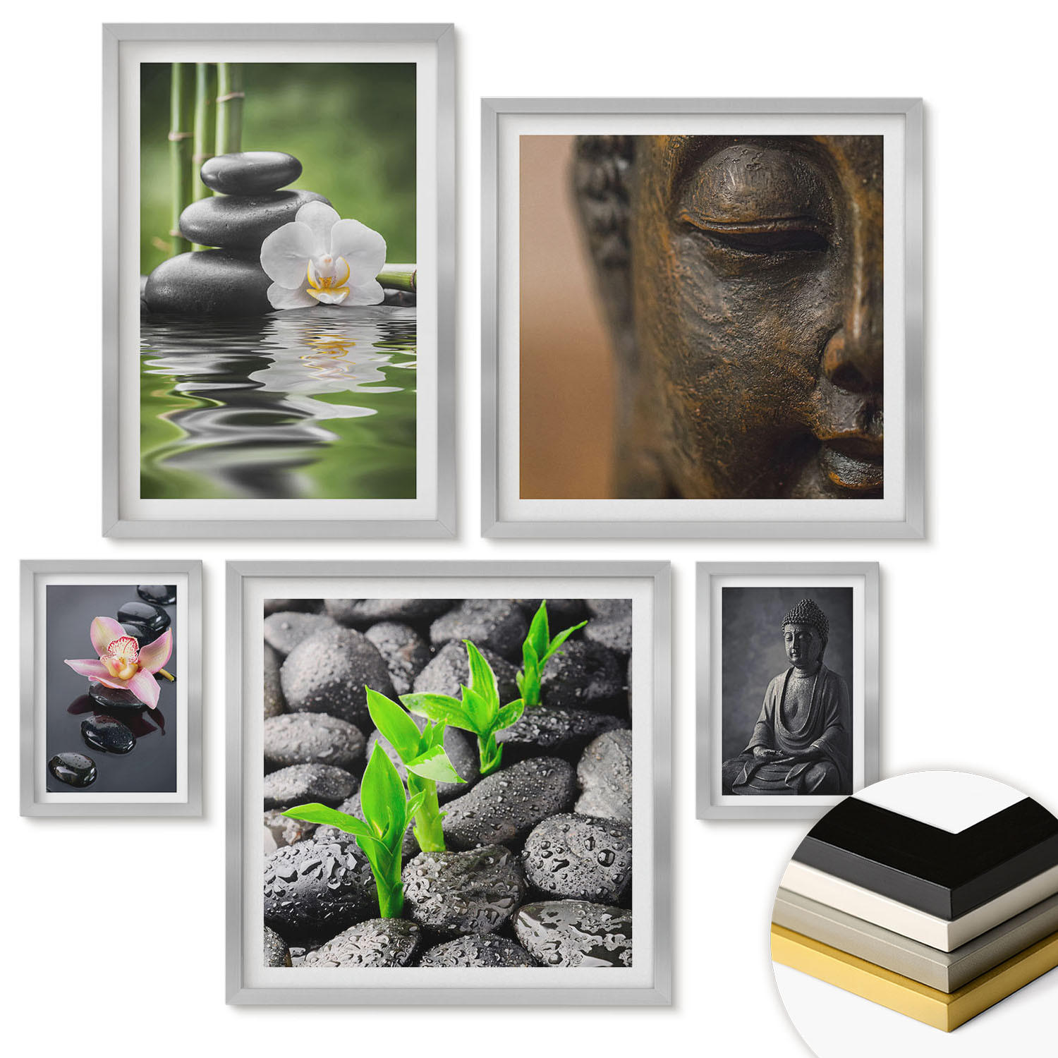 WANDBILDER 5er Set - 50x50 cm & 20x30 cm & 40x60 cm Silberner Rahmen - Blumen in Vasen als Dekoration - Silberfarben, Kunststoff (40/60cm) - ArtPrintCave