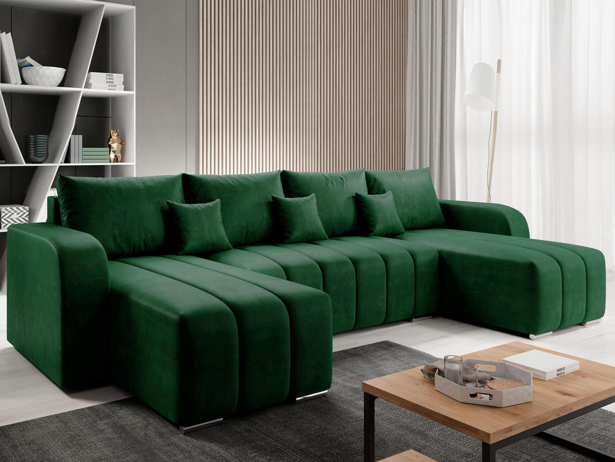 WOHNLANDSCHAFT Pufetto U - Smaragdgrün/Silberfarben, Holz/Textil (313/86/147cm) - MIRJAN24