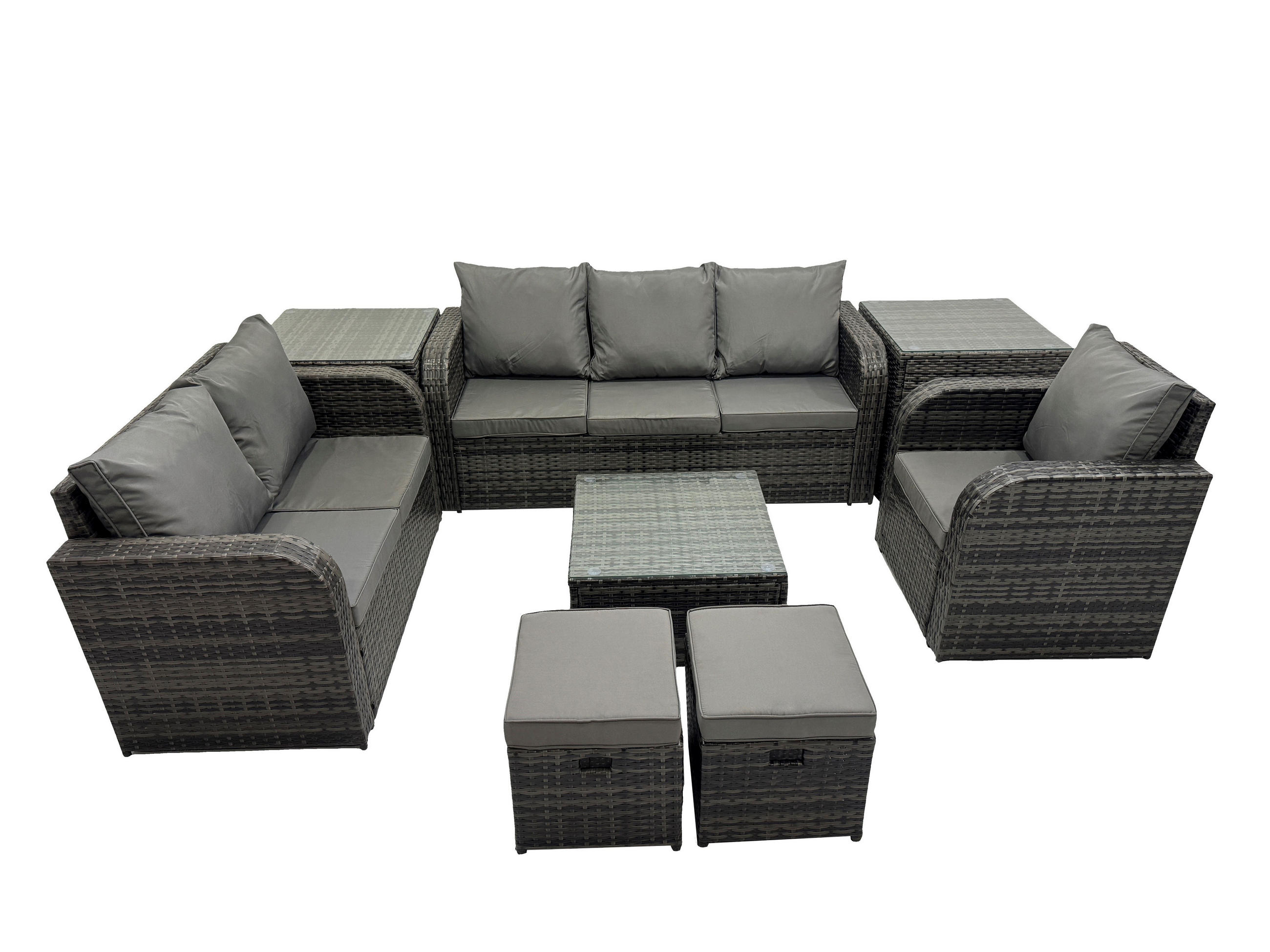 GARTENTISCHGRUPPE Polyrattan Dunkelgrau 8-teilige - Dunkelgrau/Grau, Glas/Kunststoff - Fimous
