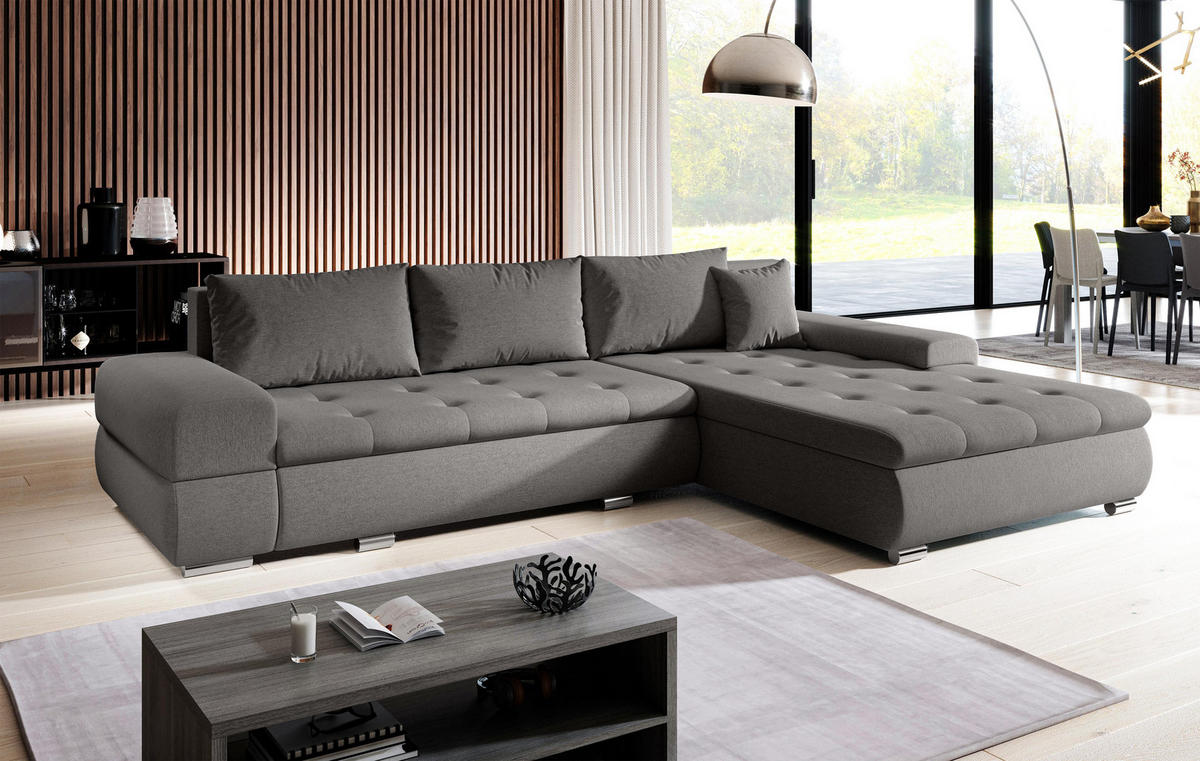 ECKSOFA L Form Sivaso Braun 310/210/85 cm – mit Schlaffunktion und Bettkasten - Hellbraun/Silberfarben, Textil/Metall (310/210cm) - AX Living
