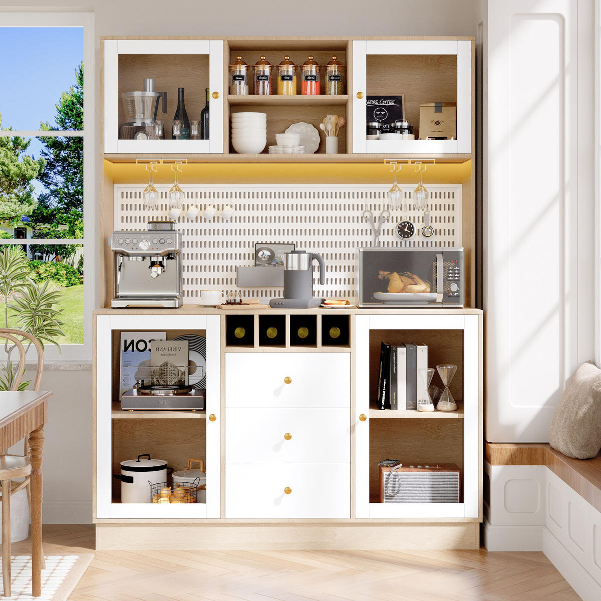 HIGHBOARD in Weiß Küchenschrank mit LED-Lichtleiste und Schubladen für Küche und Wohnzimmer, B140/T40/H185.7 cm - Transparent/Weiß, Glas/Holzwerkstoff (140/185.7/40cm) - STILVORA