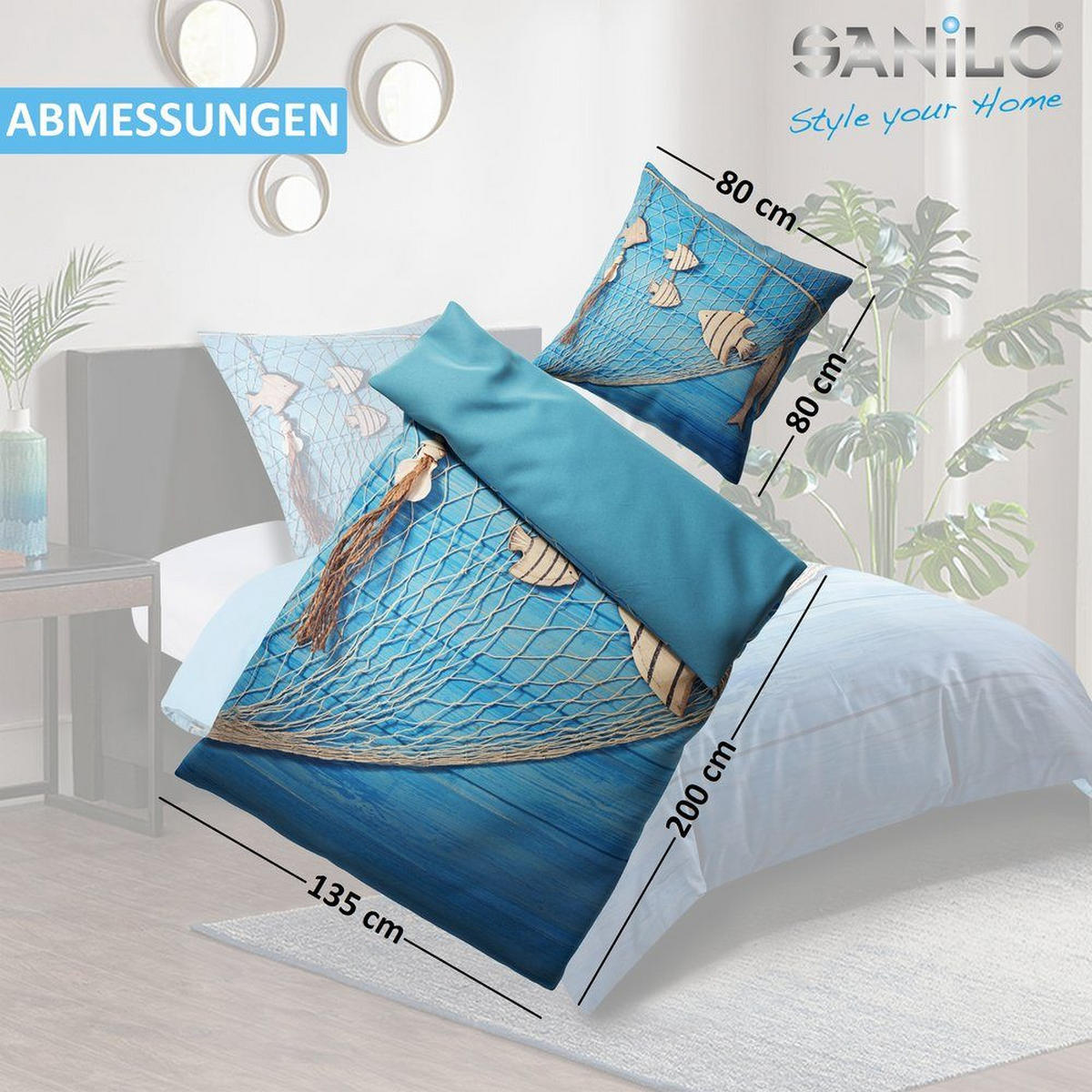 BETTWÄSCHE 4-teilig Seefahrt - Blau, Naturmaterialien (135/200cm) - Sanilo