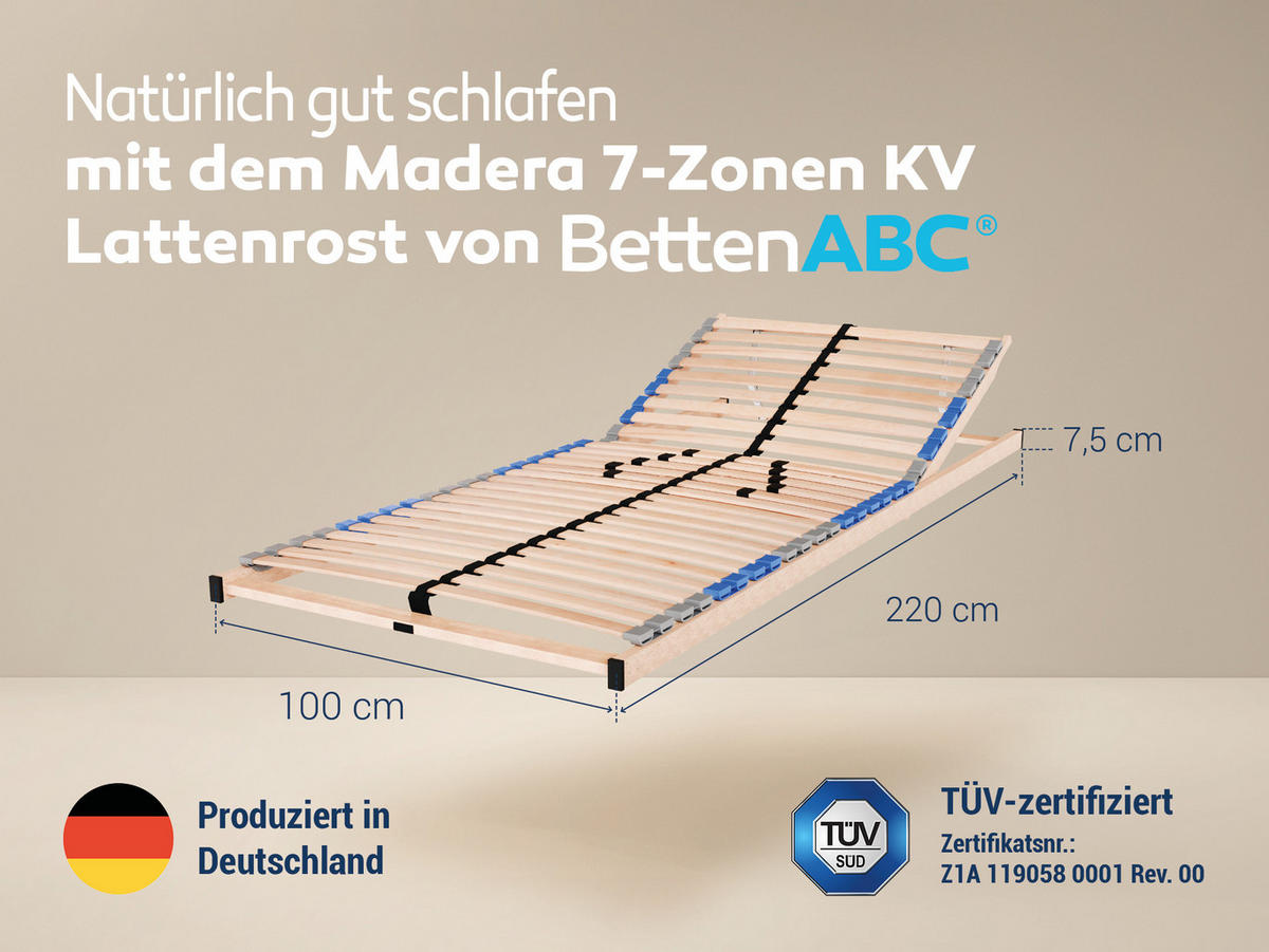 LATTENROST Madera, 7 Zonen, zur Selbstmontage, Größe: 100x220 - Kopfteilverstellung - Braun, Holz (100/220cm) - Betten-ABC