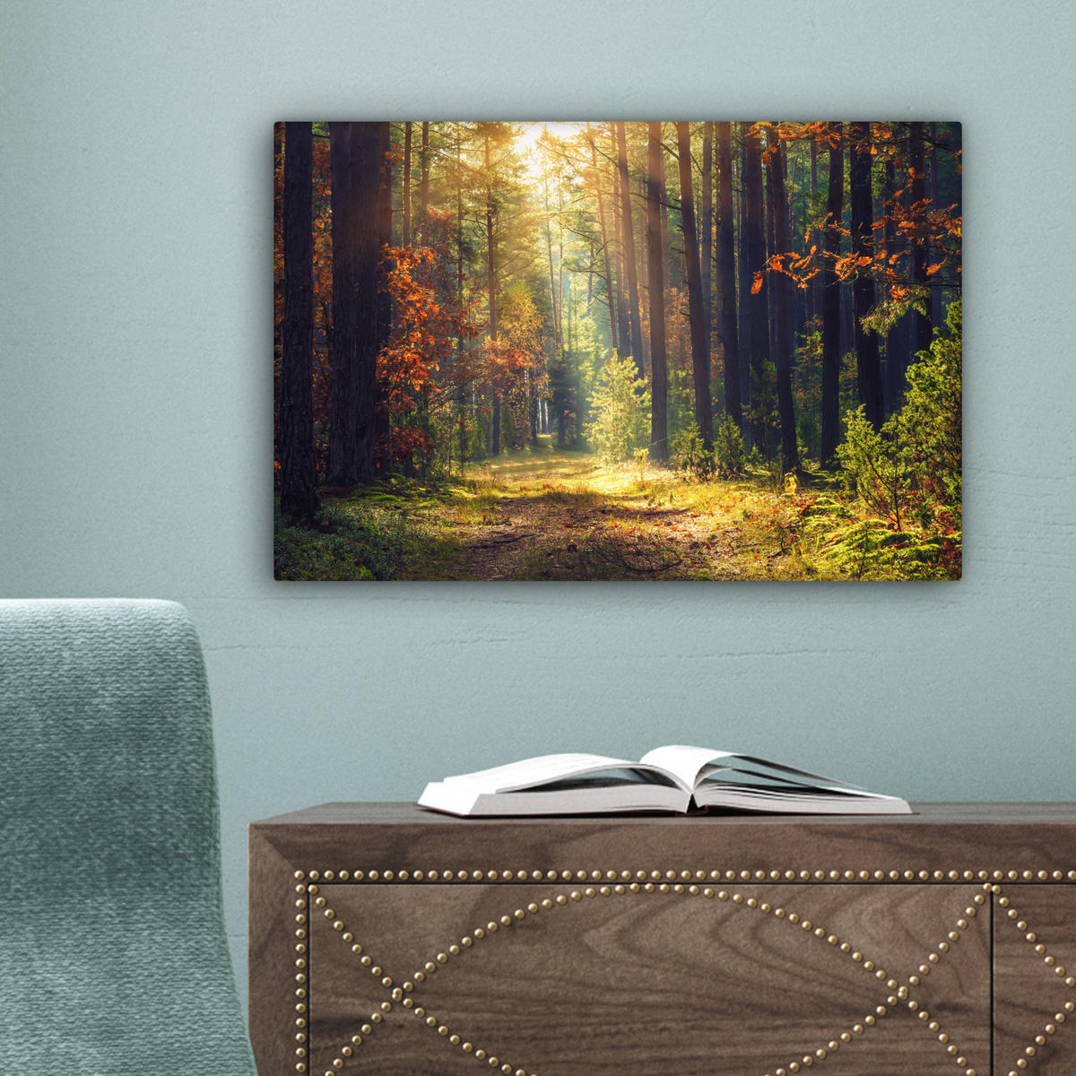 LEINWANDBILD Wald - Herbst - Bäume 30x20 cm - Dunkelgrün, Textil (30/20cm) - MuchoWow