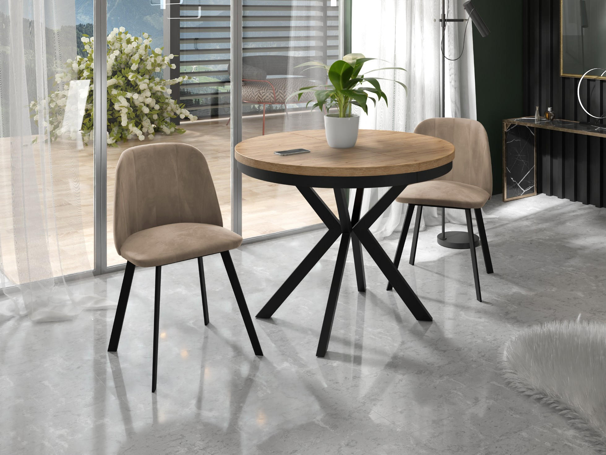 ESSTISCH Ross runder ausziehbarer, Craft Eiche 90-170/90/76 cm - Eiche Wotan/Schwarz, Holzwerkstoff/Metall (90/90/76cm) - WFL GROUP