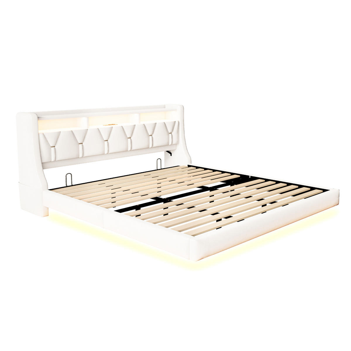 POLSTERBETT 180/200 cm in Beige mit LED, USB, Type-C und Ablage Samt - Beige, Holzwerkstoff/Textil (180/200cm) - STILVORA