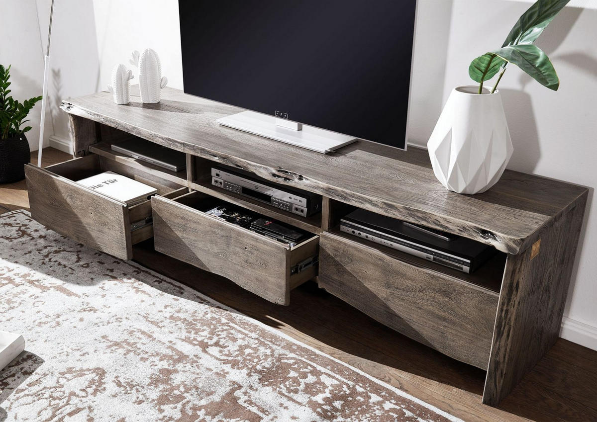 TV-BOARD Akazie 191x45x50 grau lackiert PURE ACACIA #404 - Grau, Holz (191/50/45cm) - Massivmoebel24