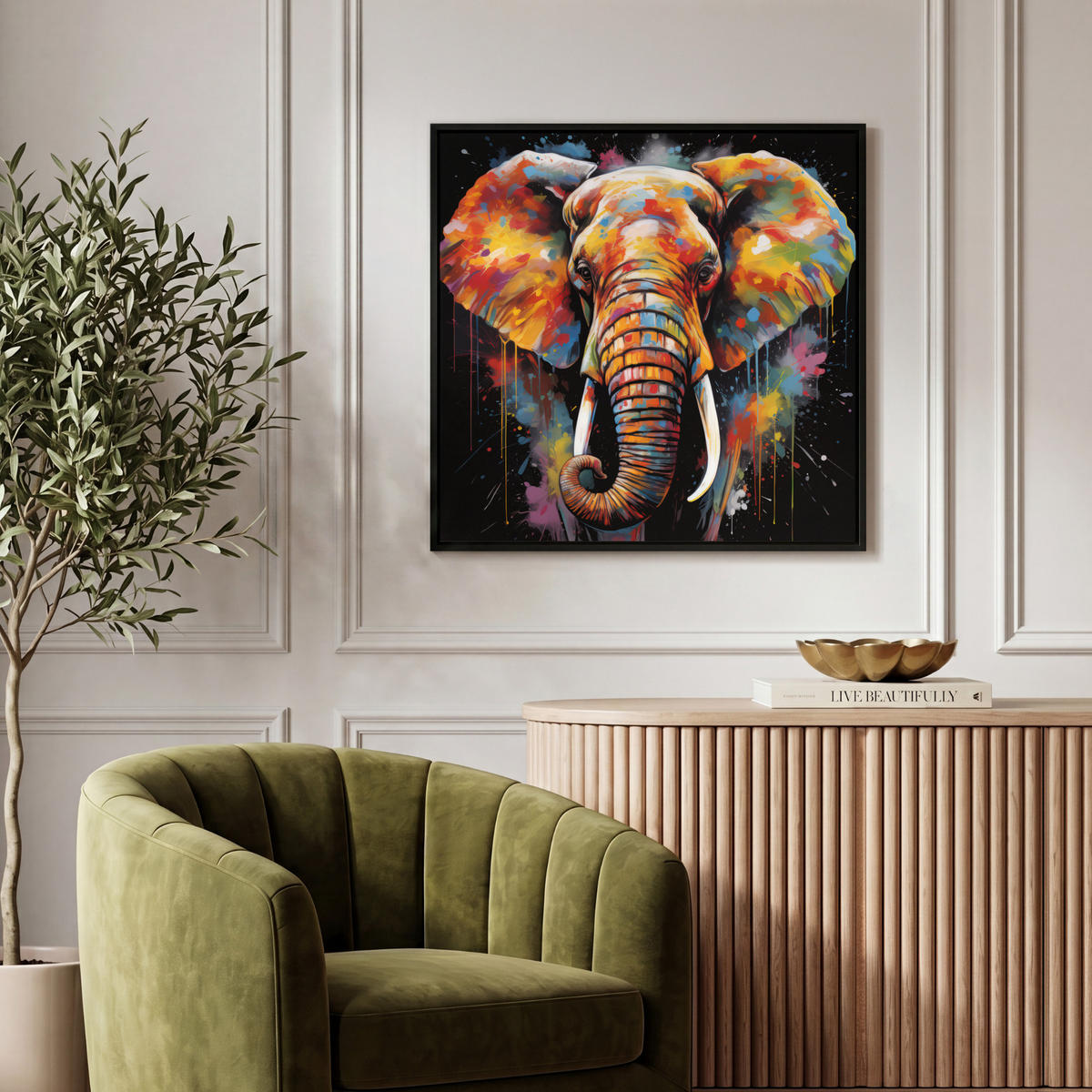 LEINWAND Bilder mit Rahmen - Elefant - Graffiti - Schwarz - Tiere - Farben - 50x50 - Schwarz, Textil (50/50cm) - MuchoWow