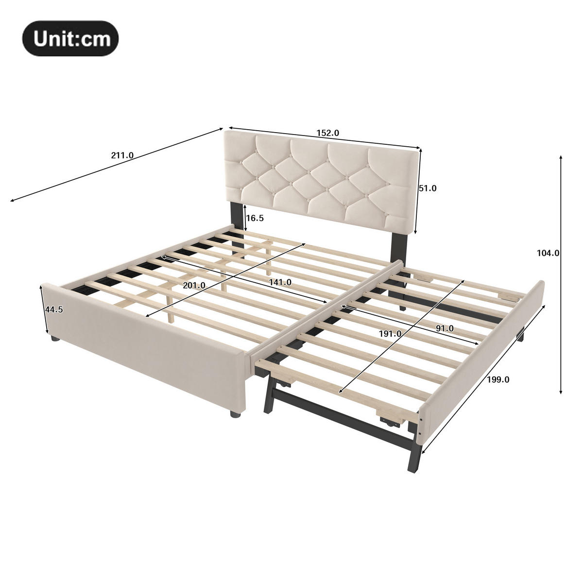 POLSTERBETT aus Samt und MDF 140x200 cm Beige mit Lattenrost und Ausziehbett - Beige, Textil (140/200cm) - IVMEU
