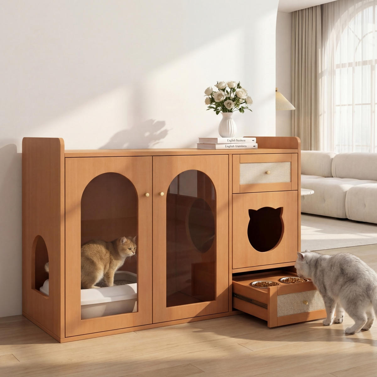 SIDEBOARD 120/45/76 cm Nussbaumfarben aus Holzwerkstoff und Glas mit Futternapf-Schublade - Walnussfarben, Holzwerkstoff (45/83/120cm) - OKMYHOME