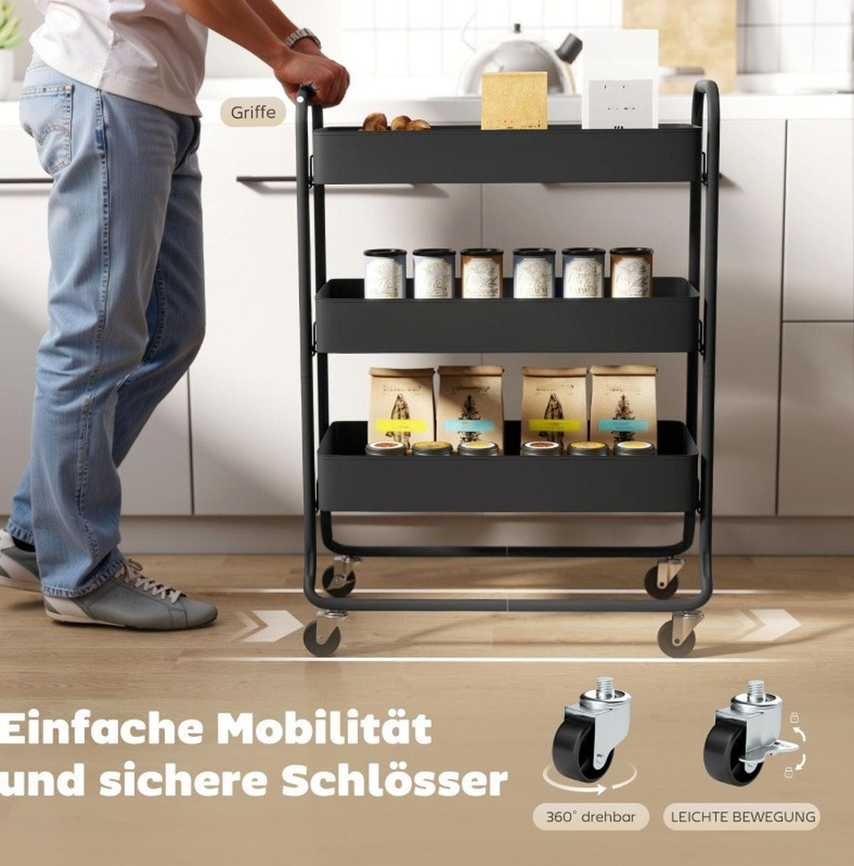 KÜCHENINSEL 64,5/34/87 cm mit 3 Körben, 4 Rollen und Metallgestell, Schwarz - Schwarz, Metall (64.5/87/34cm) - Redom