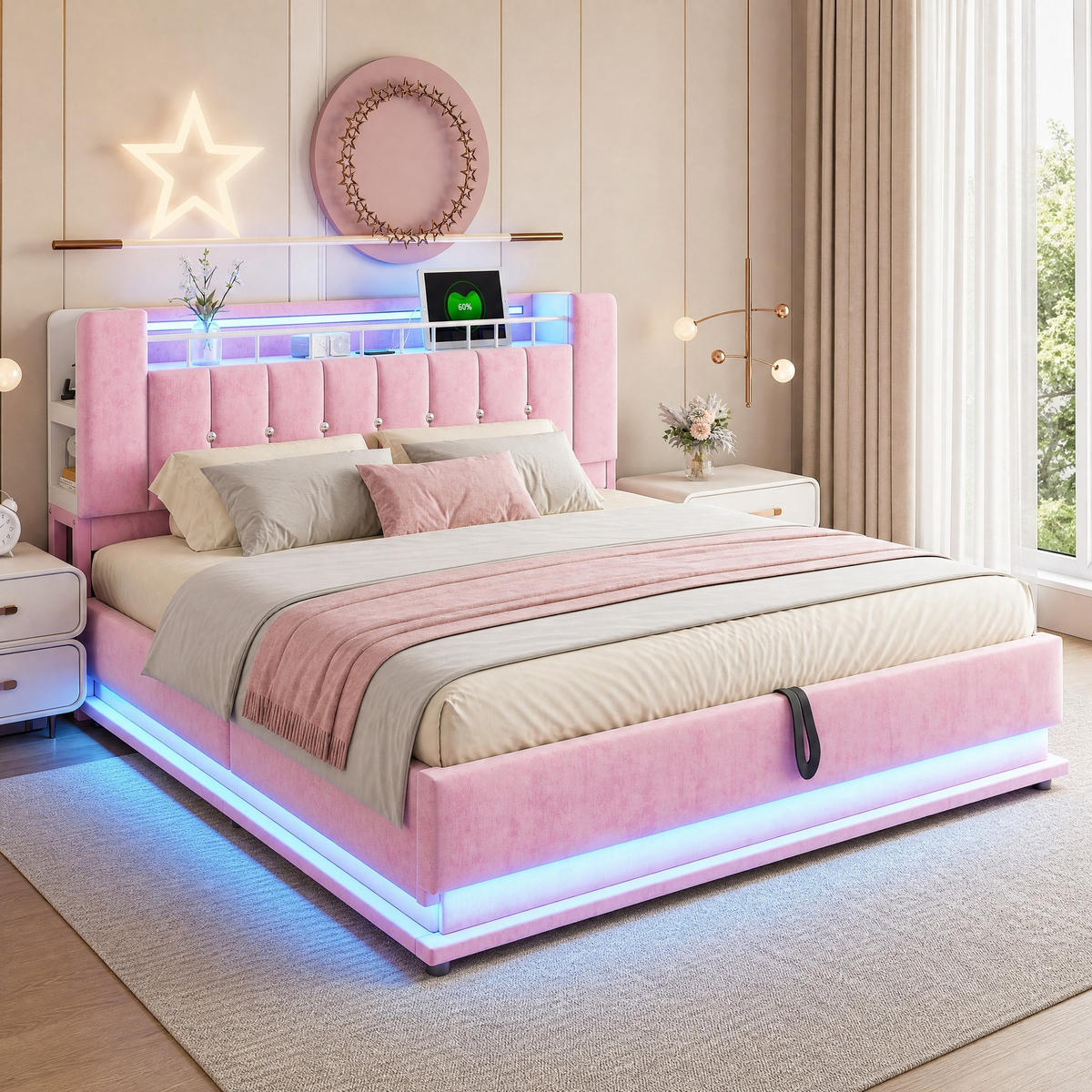 POLSTERBETT 180/200 cm aus Samt mit LED-Beleuchtung, Rosa - Pink, Textil (180/200cm) - OKMYHOME