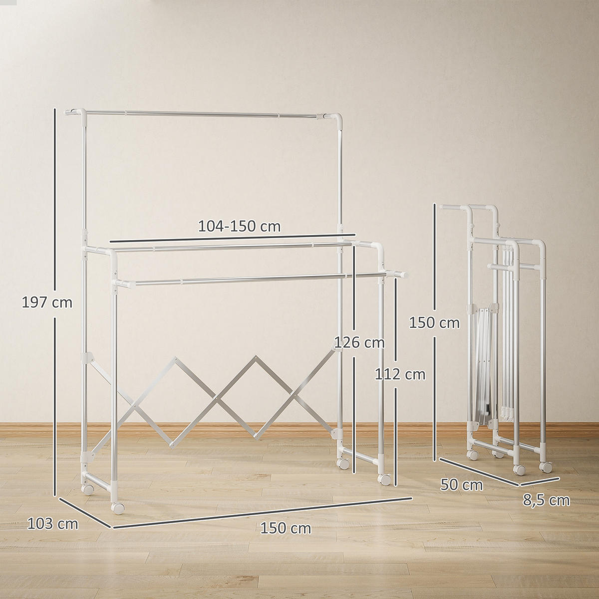 WÄSCHESTÄNDER Silberfarben ausziehbar mit Rollen - Silberfarben, Metall (150/197/103cm) - PANGIVO