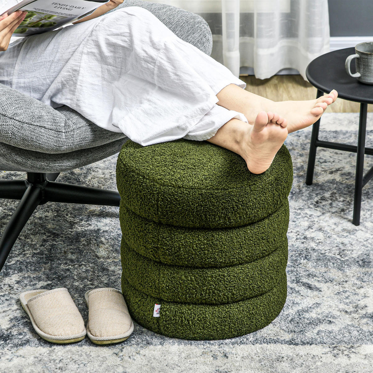 SITZHOCKER, Fußhocker, Runder Polsterhocker, Fußstütze mit Sitzkissen - Naturfarben/Grün, Holz/Textil (40/45/40cm) - HOMCOM