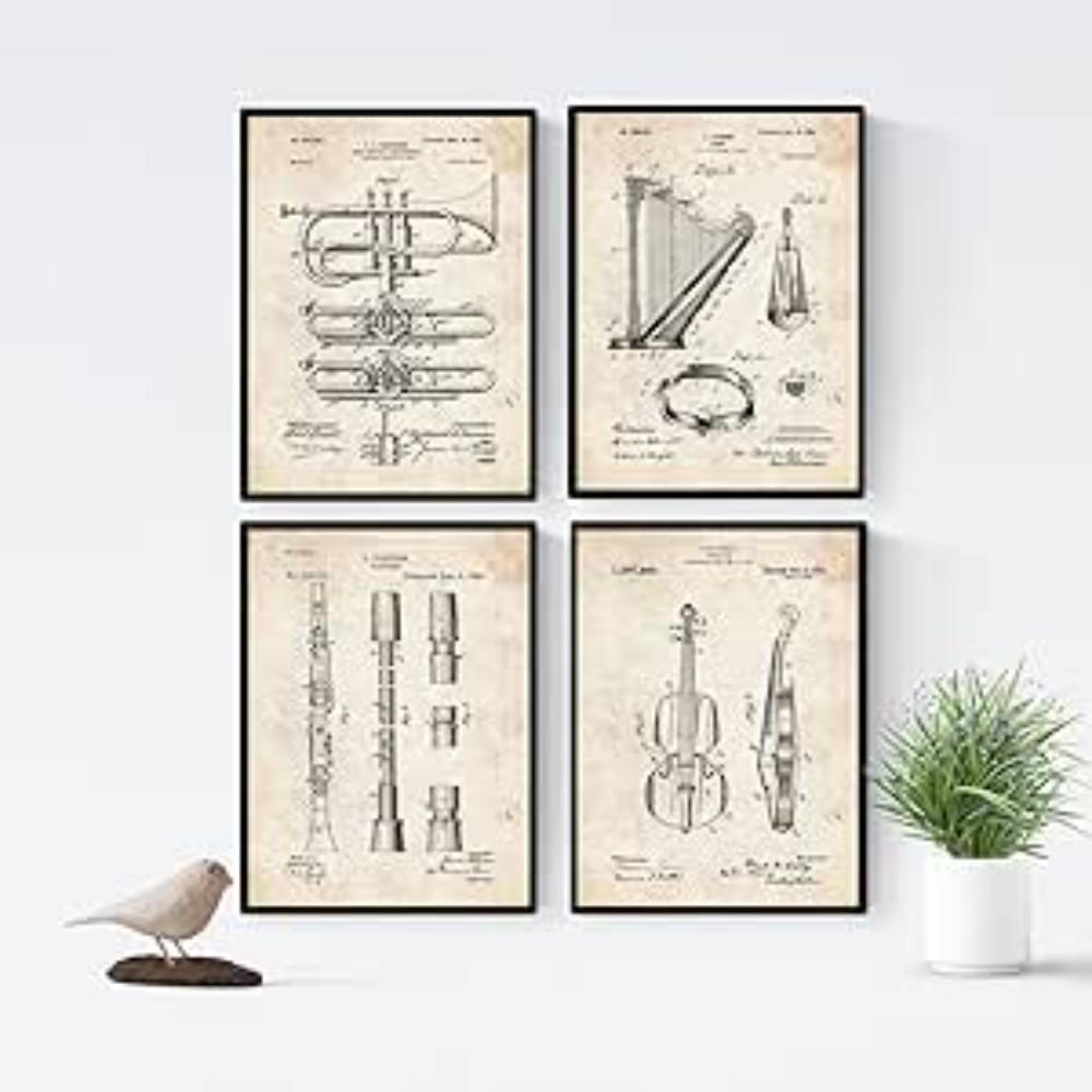 POSTER Set mit 4 Jahrgang Orchester Instrumenten Patenten A4 Schwarzer Rahmen - Schwarz, Papier (29.7/3cm) - Nacnic