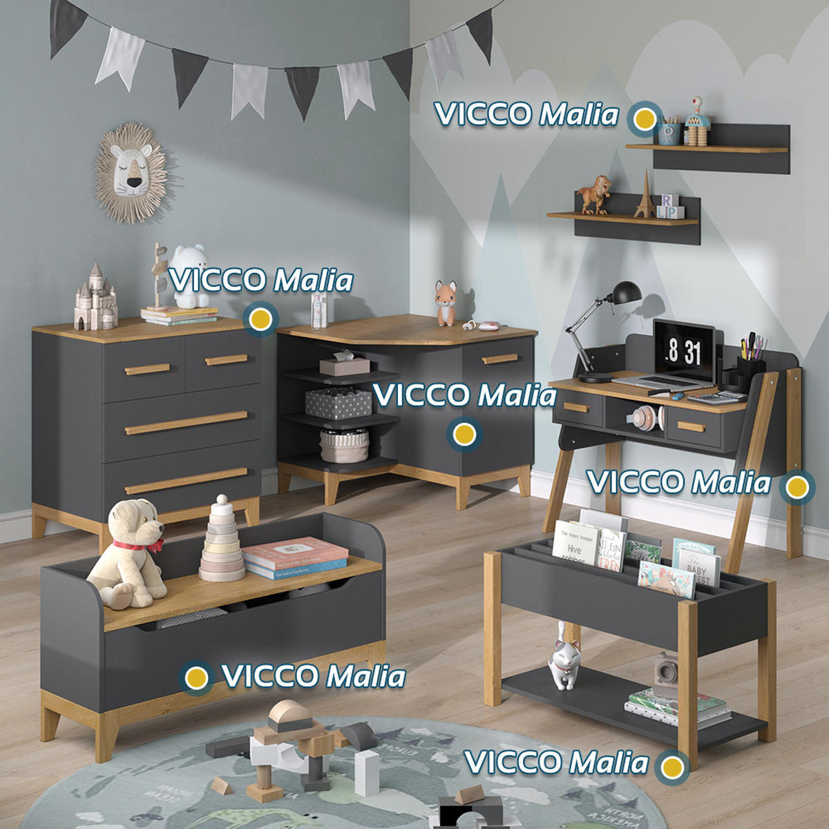 KINDERREGAL Malia Grau/Eiche 80 x 46 cm - Eichefarben/Grau, Holzwerkstoff (80/46/40cm) - VitaliSpa