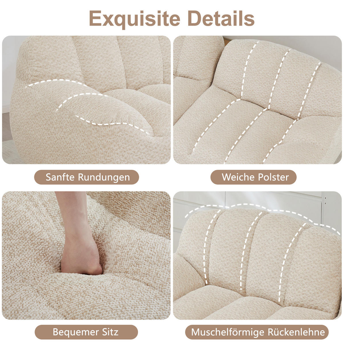 MODULARES 4-Sitzer-Sofa aus granuliertem Fleece mit ergonomischer Muschelform Beige-Weiß - Beige, Textil (104/79/366cm) - Modenvie