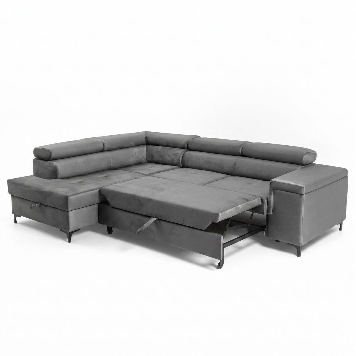 ECKSOFA WILLIAM L Links mit Schlaffunktion 127x195 Velours Grau - Silberfarben/Grau, Holz/Textil (275/203cm) - Muffo