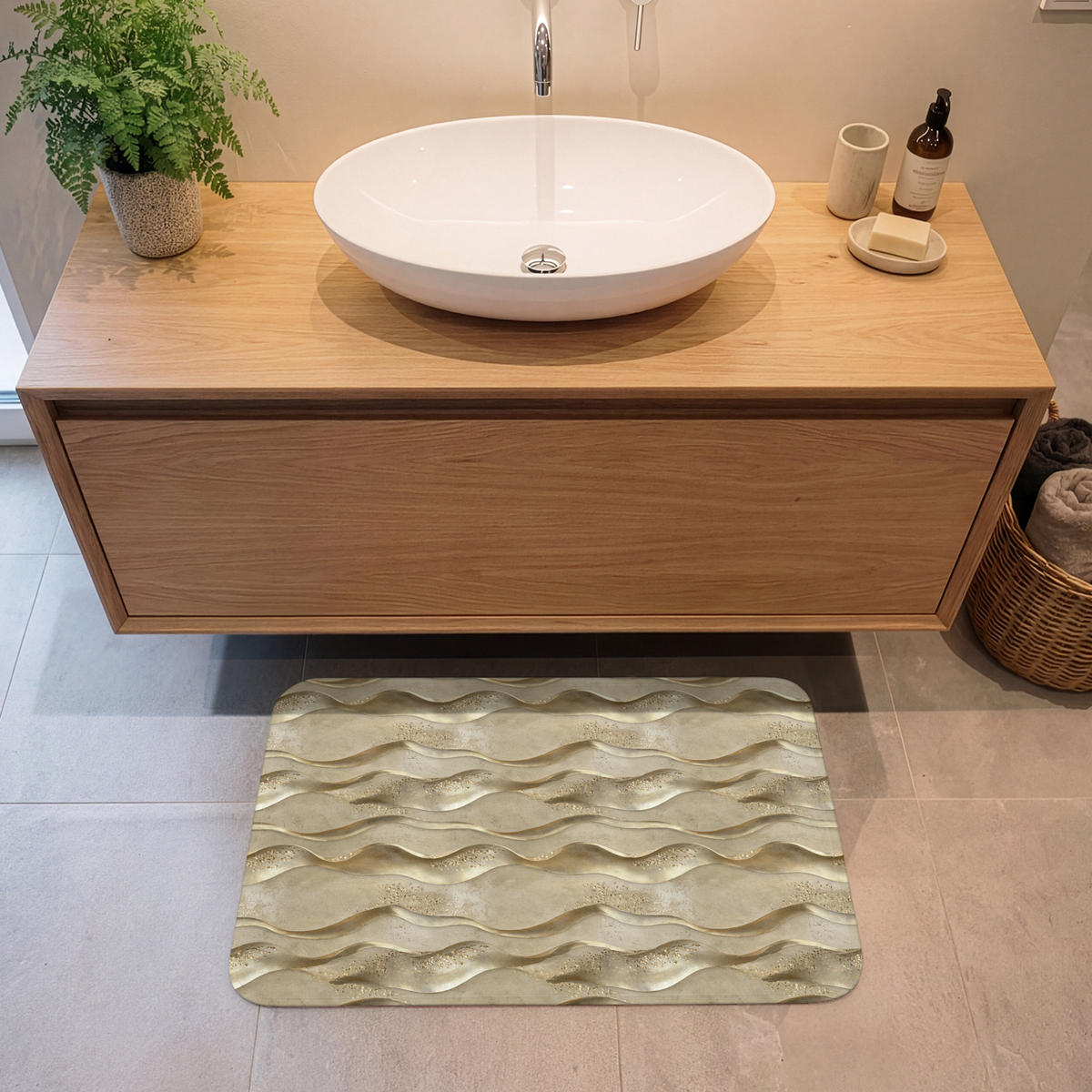 KOUPELNOVÁ PŘEDLOŽKA Vlny - vzor - zlaté 80x50 cm - barva mosazi, textil/plast (80/50cm)