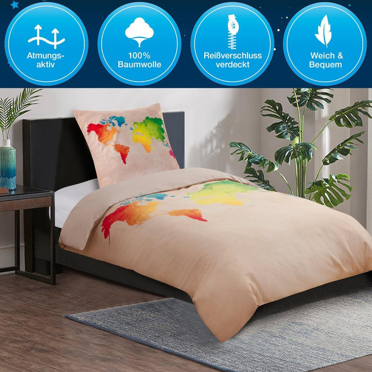 BETTWÄSCHE 4-teilig International Map - Beige, Naturmaterialien (135/200cm) - Sanilo