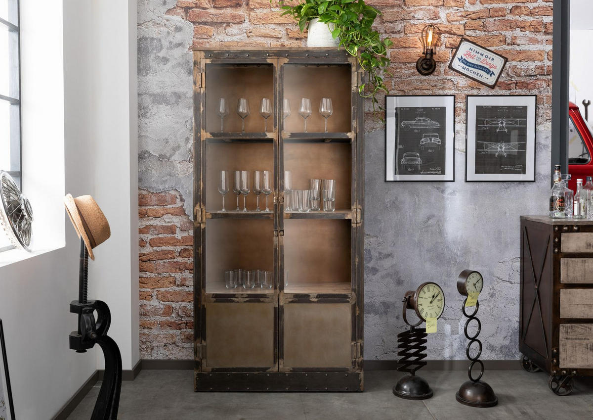 VITRINE Mango 92x40x185 braun lackiert HEAVY INDUSTRY #243 - Braun, Holz (92/185/40cm) - Massivmoebel24