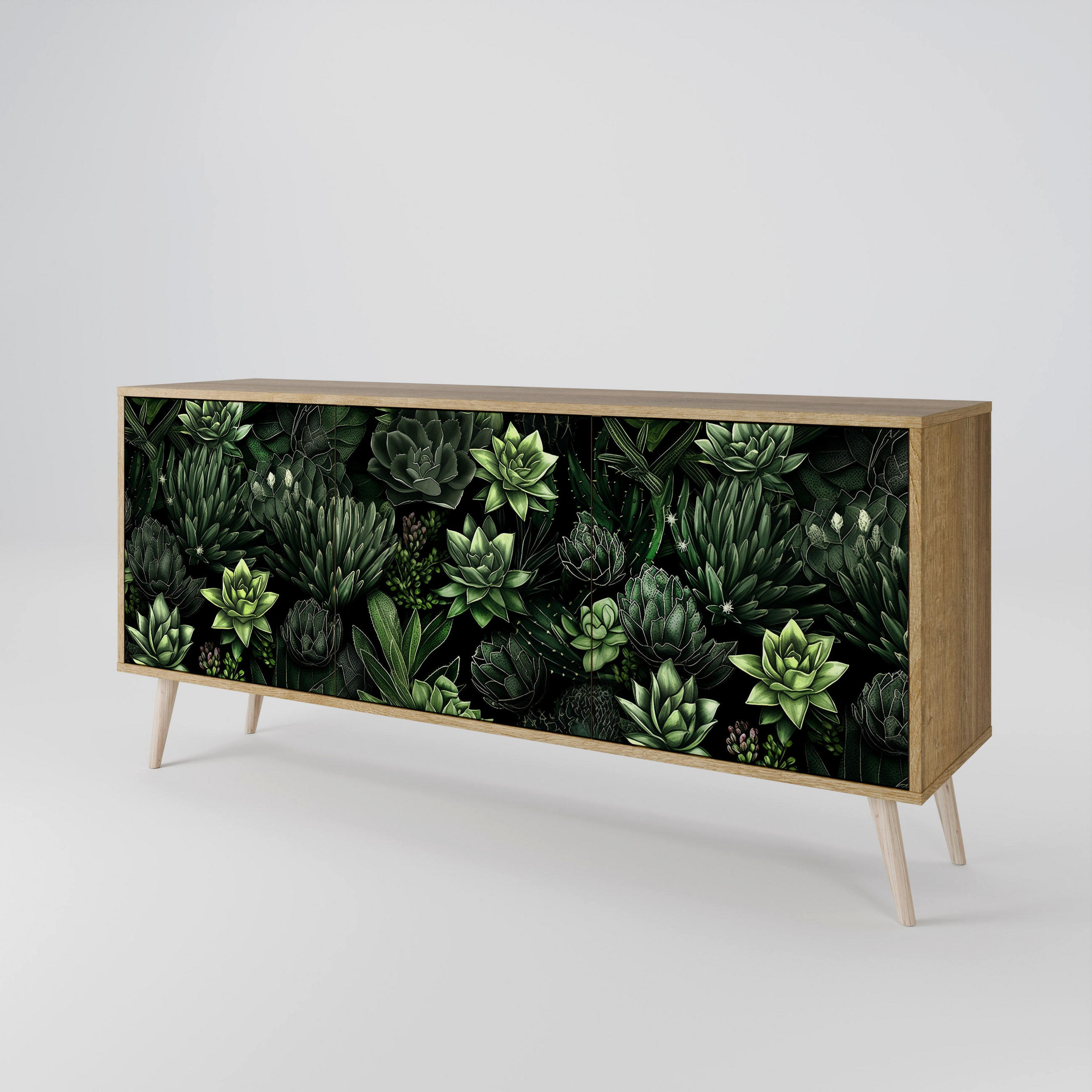 SIDEBOARD SUCCULENT JUNGLE, Eicheneffekt, 164,5x42x77,5 cm, 3 Türen - Eichefarben/Buchefarben, Holzwerkstoff/Buchenholz (164.5/77.5/42cm) - SpaceRebels