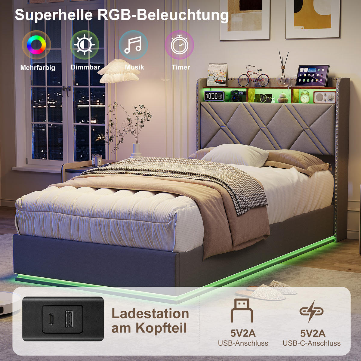 POLSTERBETT 90/200 cm Grau mit hydraulischem Stauraum, LED mit Ablage und USB - Grau, Metall (90/200cm) - EuroLiving