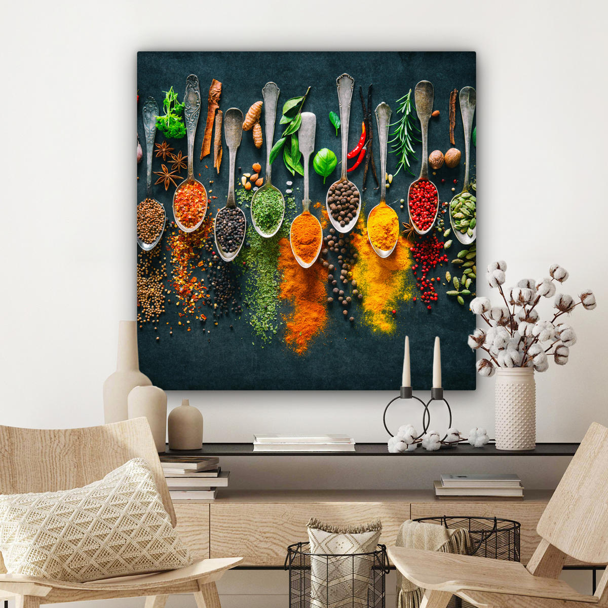 LEINWANDBILD Kräuter - Gewürze - Löffel Deko Groß 90x90 cm - Currygelb, Textil (90/90cm) - MuchoWow