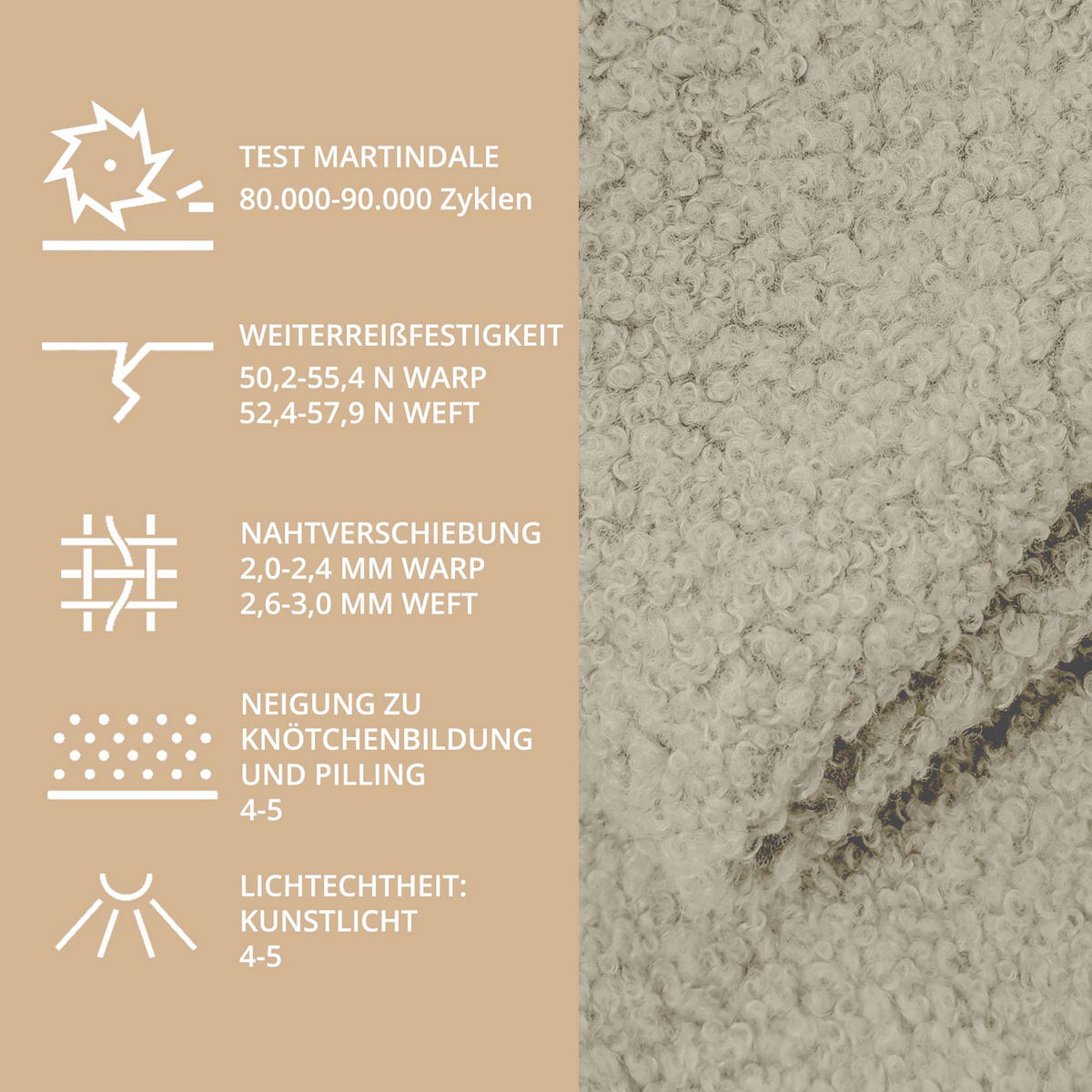 BOUCLESTOFF Quelle Beige– 315 g/m², 140 cm breit, weich & robust, feuer- & UV-resistent - Beige, Textil (140/100cm) - Dreamroots