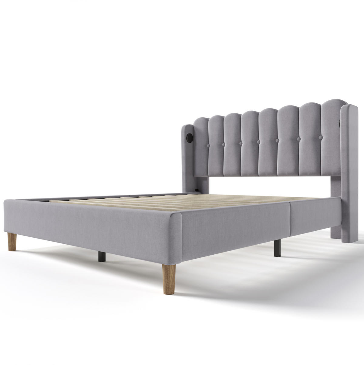 POLNJENA postelja iz lanu 140x200 cm siva z USB in Type-C polnjenjem, panelnim vzglavjem in stabilnim okvirjem - siva, tekstil (140/200cm) - Modfu
