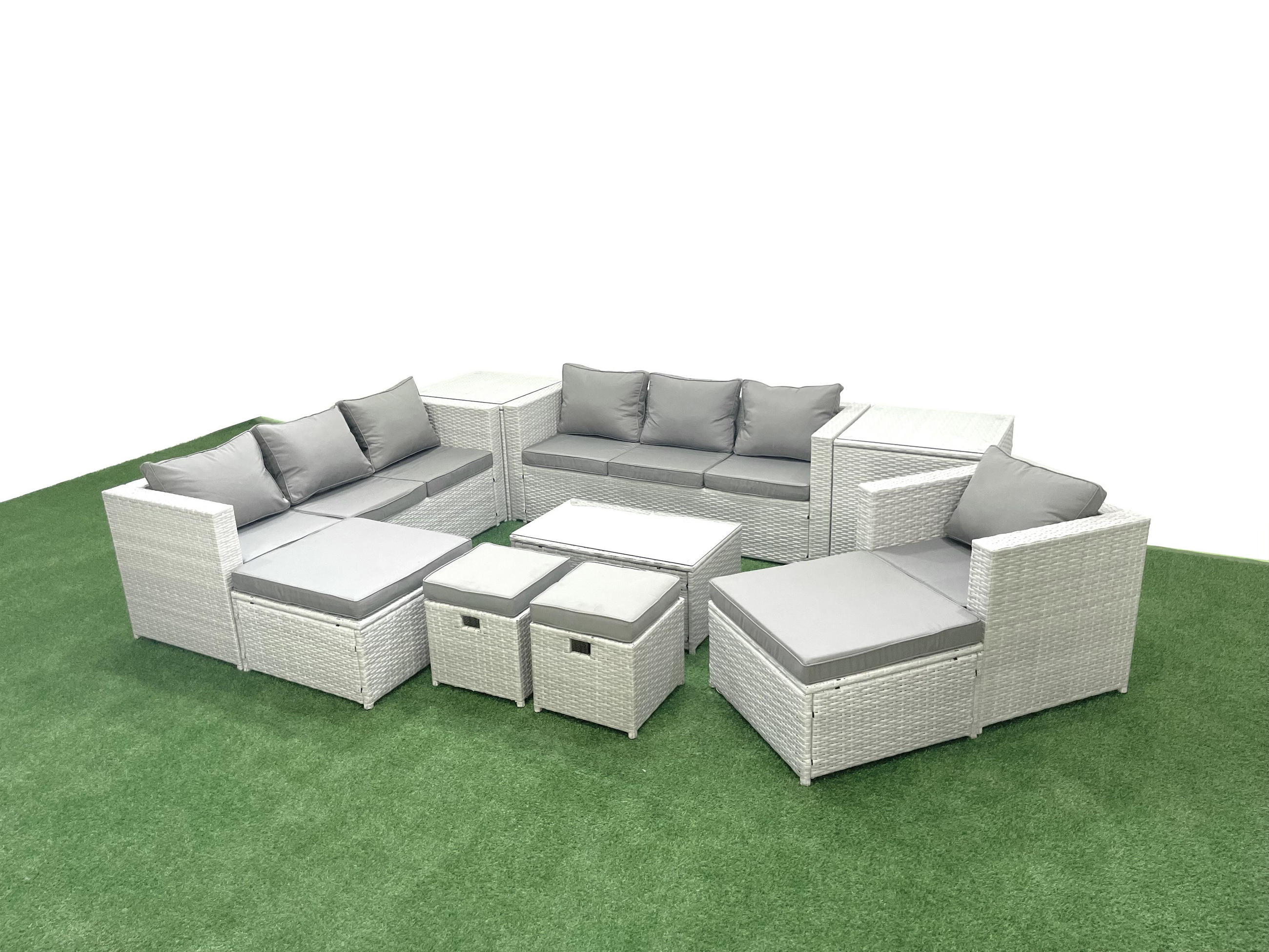 GARTENSET mit 3-SITZER SOFA,COUCHTISCH Polyrattan Hellgrau-Mix 11-Sitzer - Hellgrau/Grau, Glas/Kunststoff - Fimous