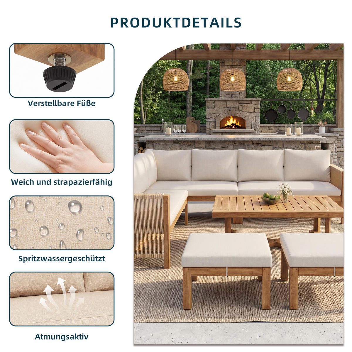 LOUNGESET 227/175/67 cm beige aus Akazienholz modular mit Kissen - Beige, Holzwerkstoff - OKWISH