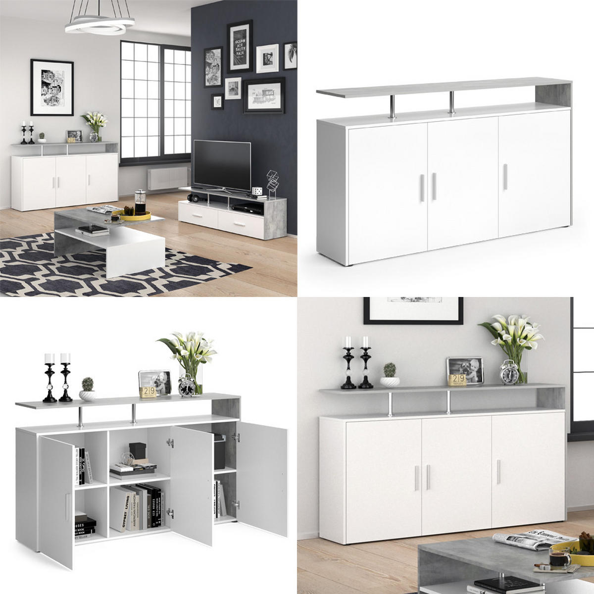 KOMMODE Amato Beton/Weiß 160 x 91.6 cm - Weiß/Grau, Holzwerkstoff (35/91.6/160cm) - Vicco