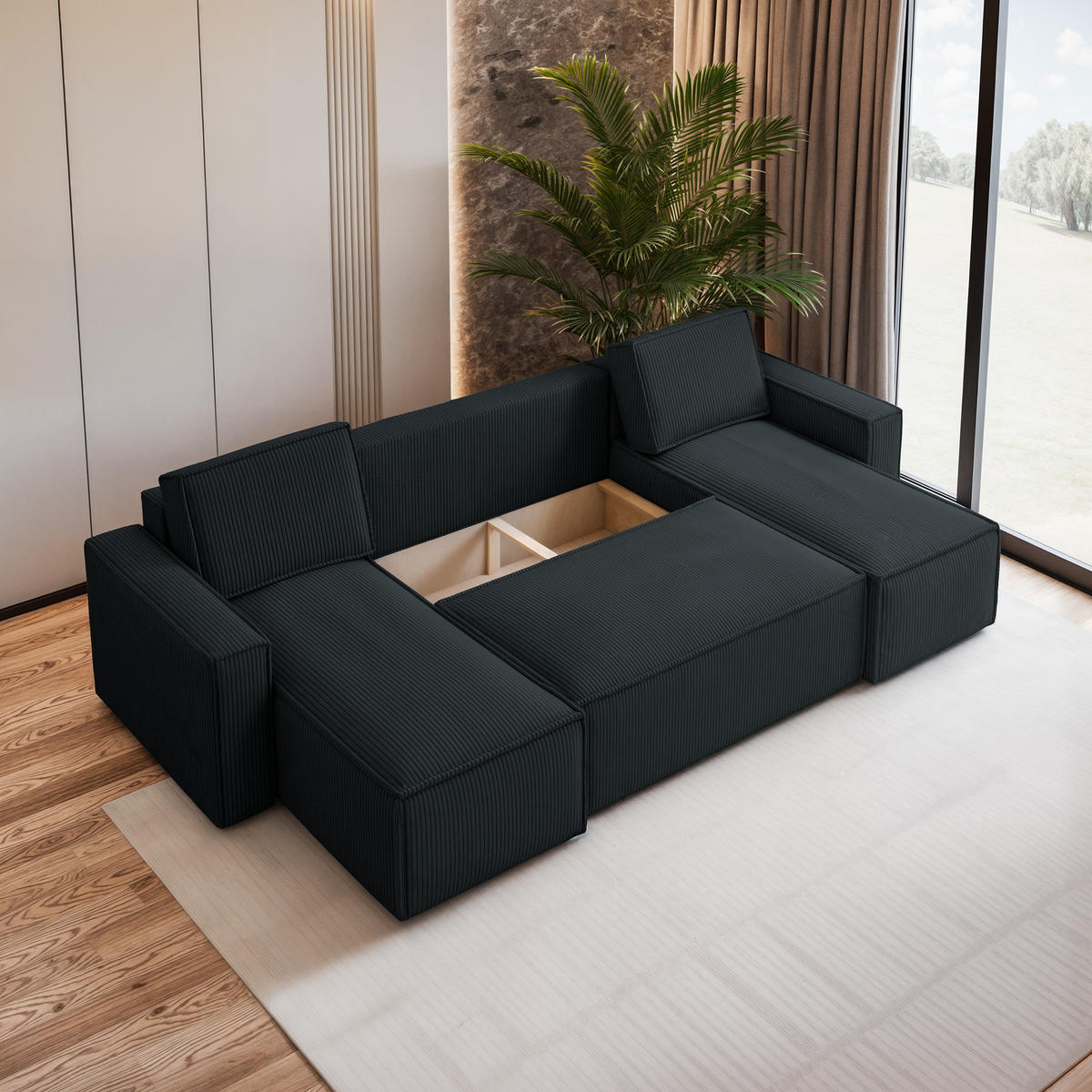 WOHNLANDSCHAFT PESANO P Schwarz Kordstoff mit Schlaffunktion - Schwarz, Holz (306/85/140cm) - MASSENO