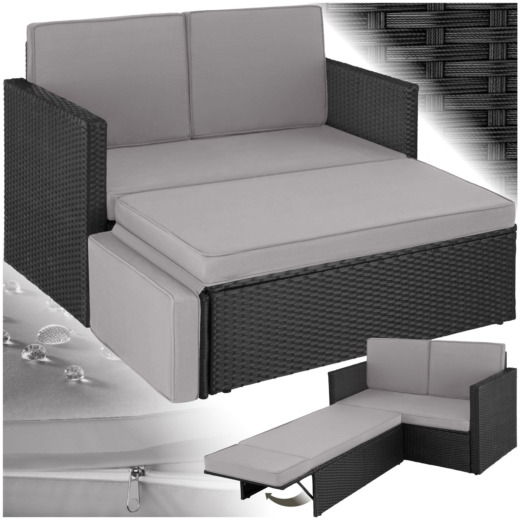 RATTANLOUNGE Korfu,Hocker mit klappbarer Stütze,schwarz/grau - Schwarz/Grau, Kunststoff - tectake