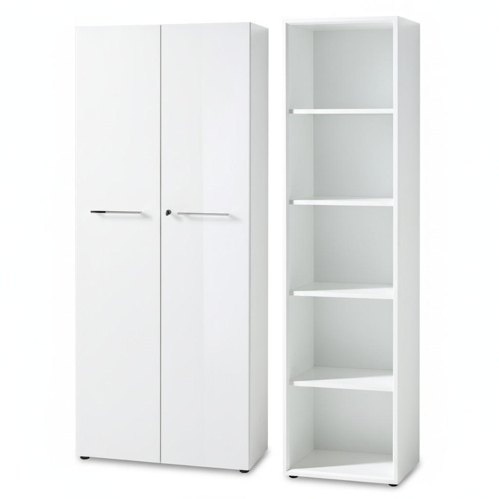 BÜRO-SET MUENCHEN 2-teilig Weiß | Schrank & Regal 5 OH | Glas Front & Abschließbar - Weiß, Holzwerkstoff/Metall (145/196/37cm) - KADIMA DESIGN