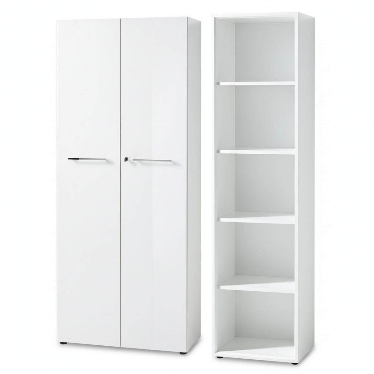 BÜRO-SET MUENCHEN 2-teilig Weiß | Schrank & Regal 5 OH | Glas Front & Abschließbar - Weiß, Holzwerkstoff/Metall (145/196/37cm) - KADIMA DESIGN
