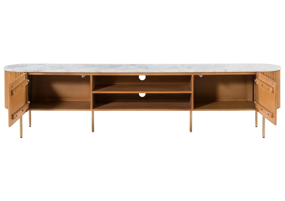 TV-BOARD Mango 220x36x51 natur lackiert / Marmor weiß BARCELONA #512 - Naturfarben, Holz (220/51/36cm) - Massivmoebel24