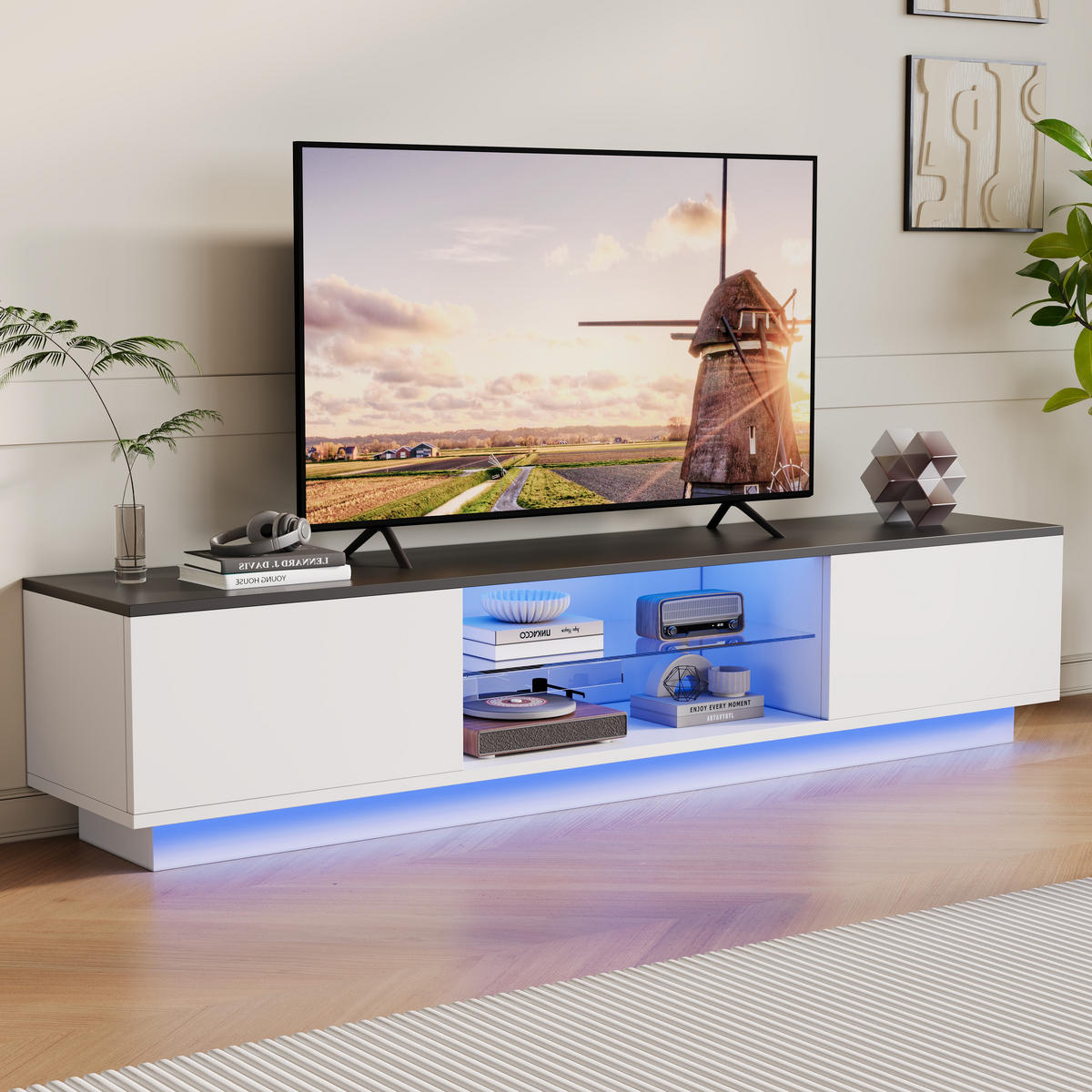 TV LOWBOARD 160x32x35 cm LED 16 Farben Türen Holz weiß schwarz - Weiß, Holz (160/42/32cm) - LEBENLANG