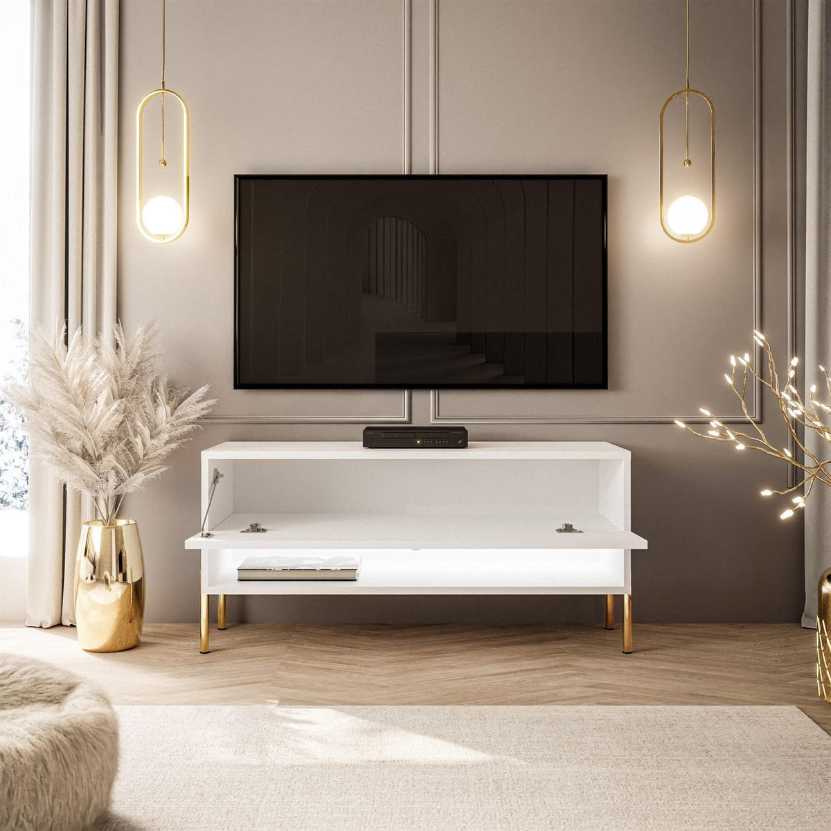 LOWBOARD TV-Schrank CALANTE 90 cm auf geraden goldenen Chrom-Beinen - Weiß Hochglanz/Goldfarben, Holzwerkstoff/Metall (90/44/35cm) - Lookway