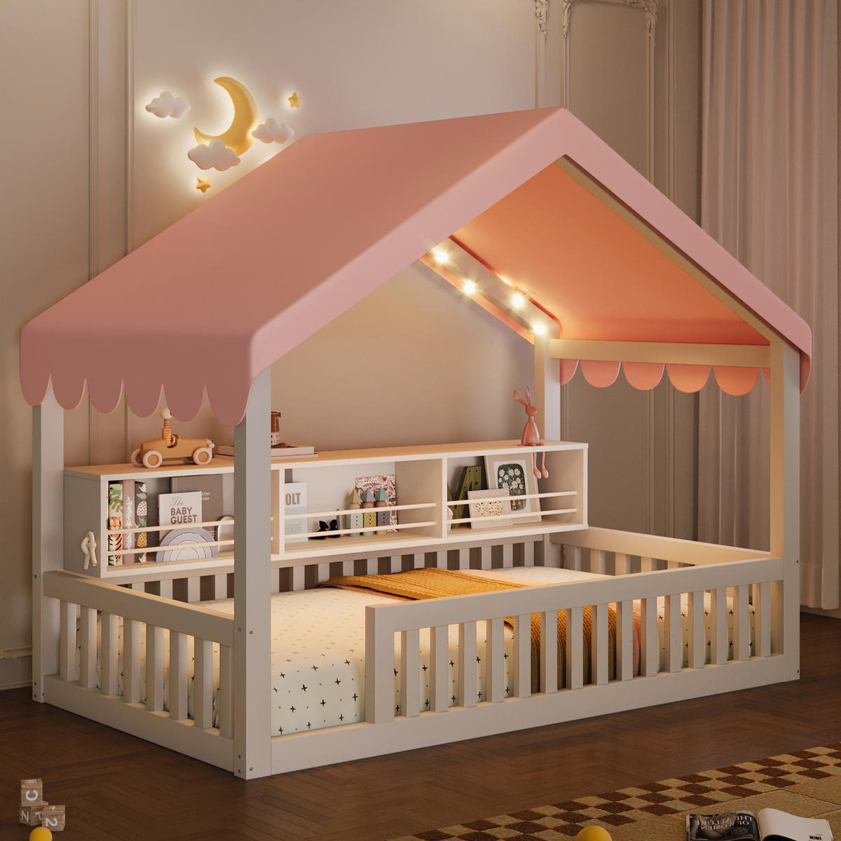 HAUSBETT 90x200 cm mit Baldachin, LED-Lichterkette und Bücherregal, Weiß - Weiß, Holz (90/200cm) - KOMHTOM