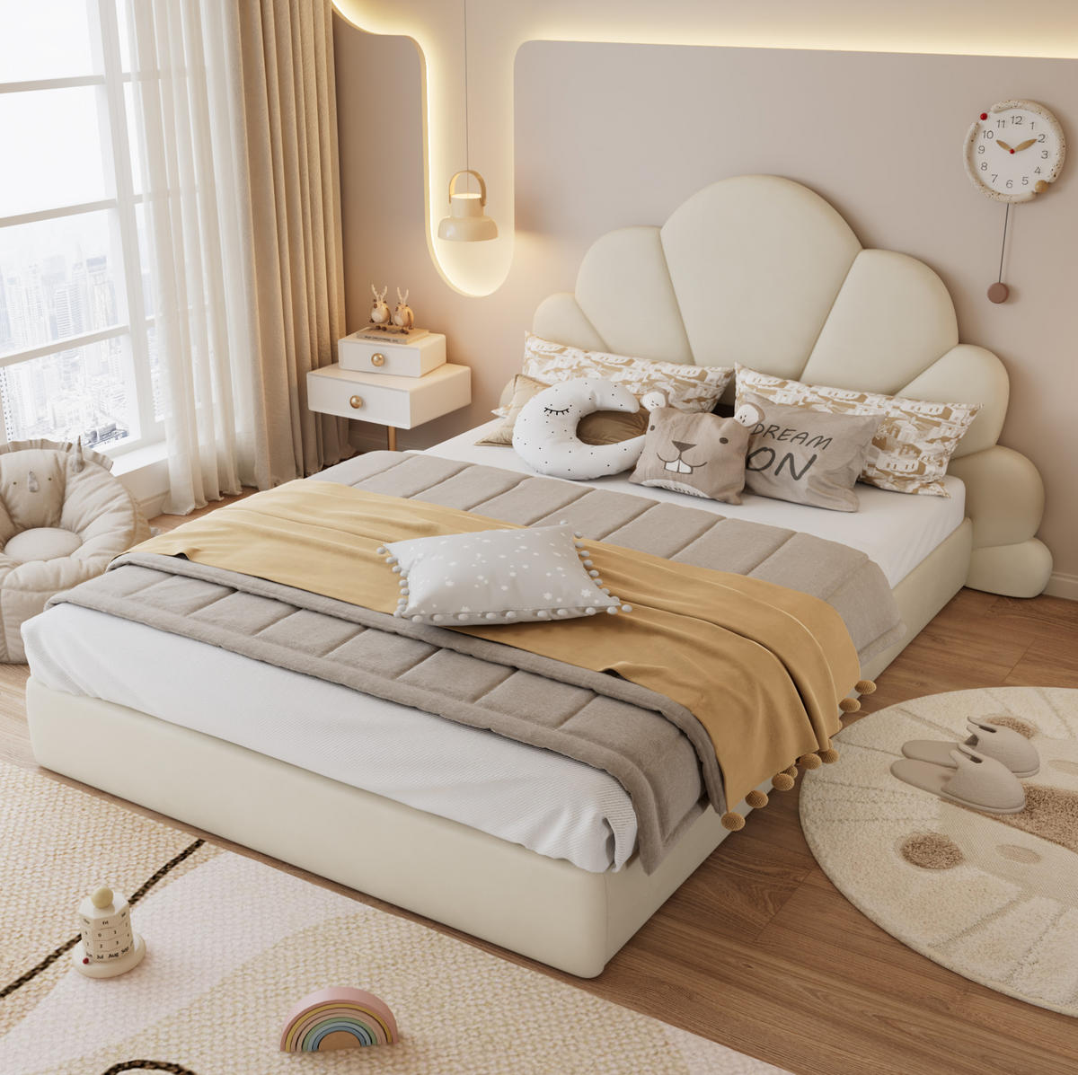 POLSTERBETT 140/200 cm aus Samt mit Blüten-Kopfteil Beige - Beige, Textil (140/200cm) - Modenvie
