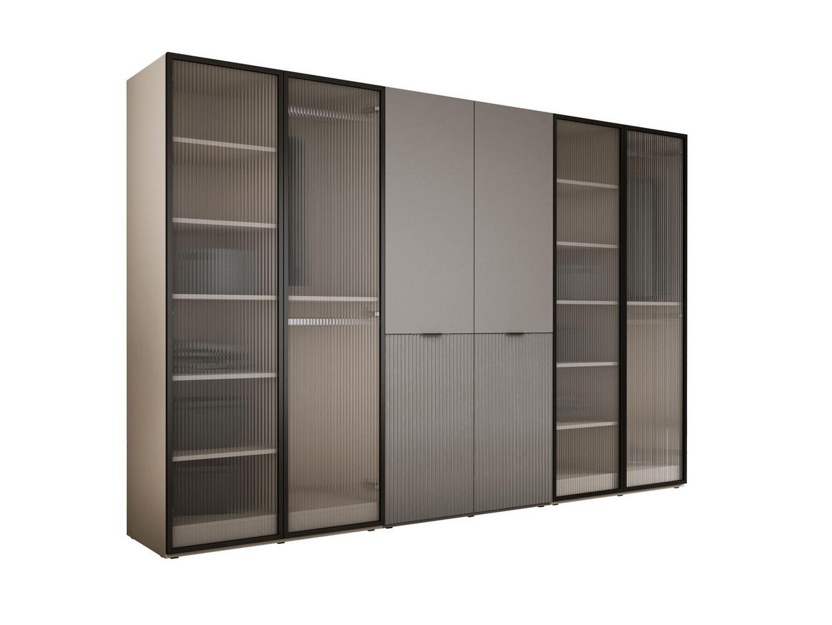 KLEIDERSCHRANK, Gerilltes Glas / Platingrau / Gerilltes Glas, 300 x 200 x 51 cm - Platinfarben/Naturfarben, Holzwerkstoff (300/200/51cm) - 3XE LIVING