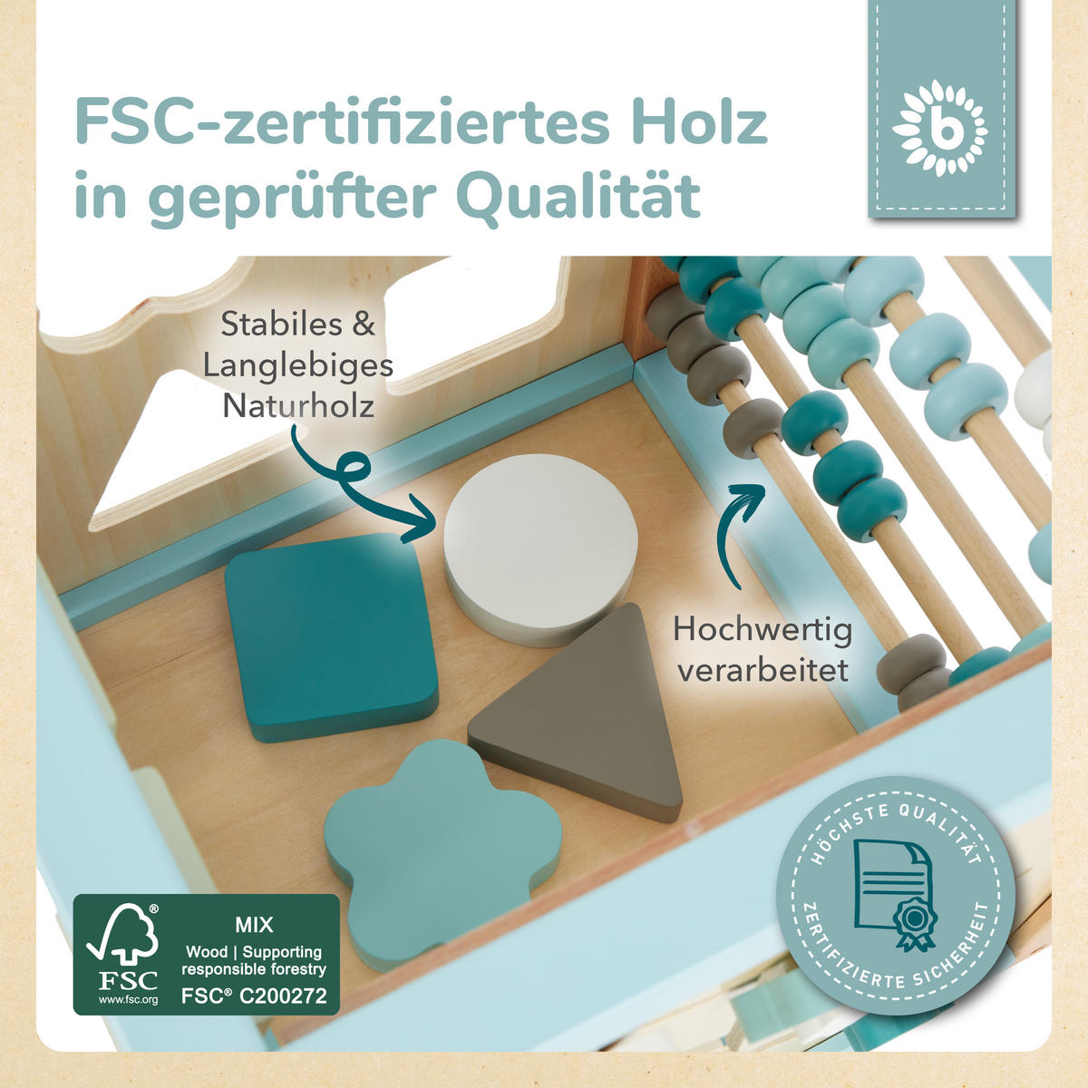 MOTORIKWÜRFEL XXL Scandi-Chic - Blau, Holz (30/30cm) - Bieco Spielwaren