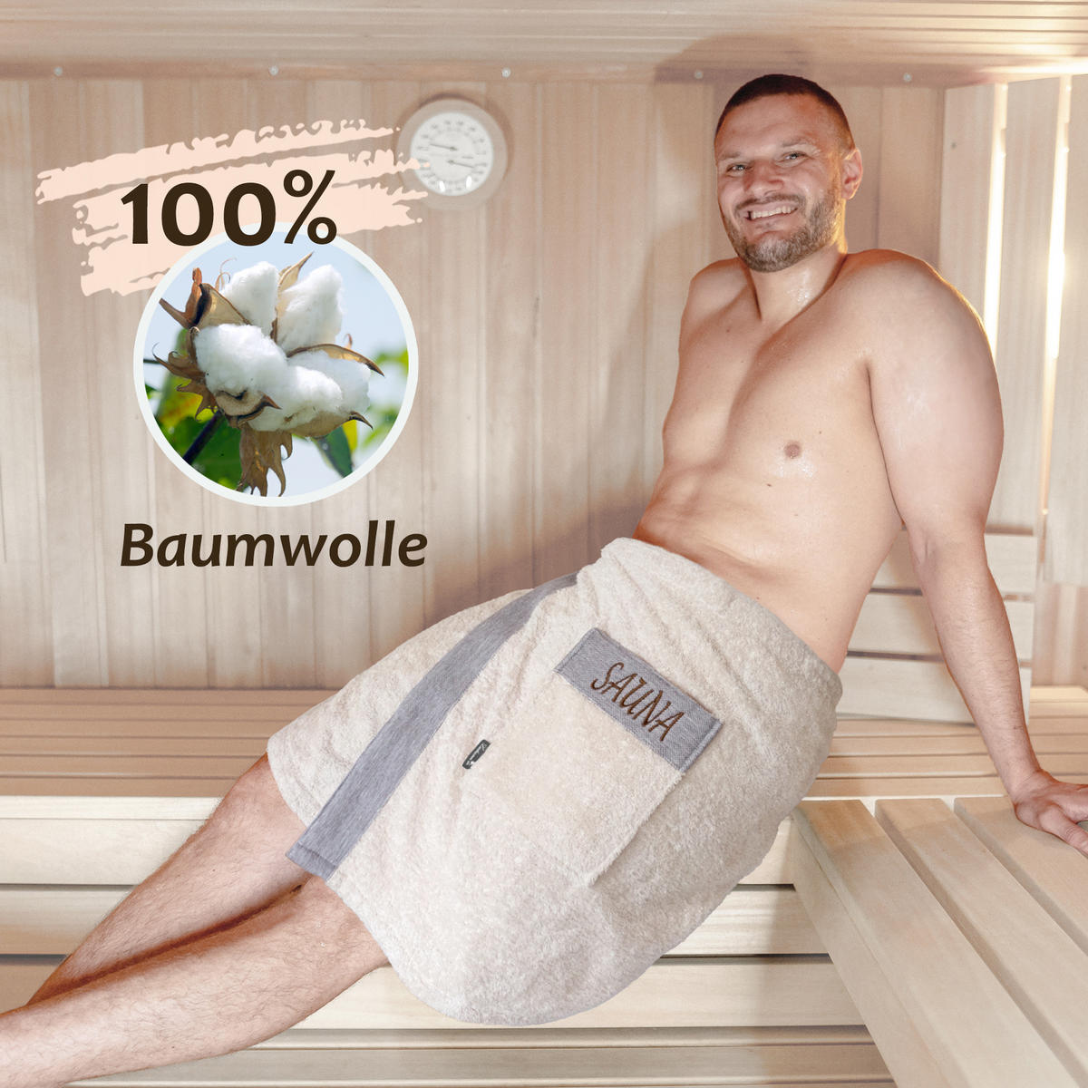 SAUNAKILT Herren Natur, Lima Saunahandtuch mit Klettverschluss - Naturfarben, Textil (140/55cm) - Lashuma