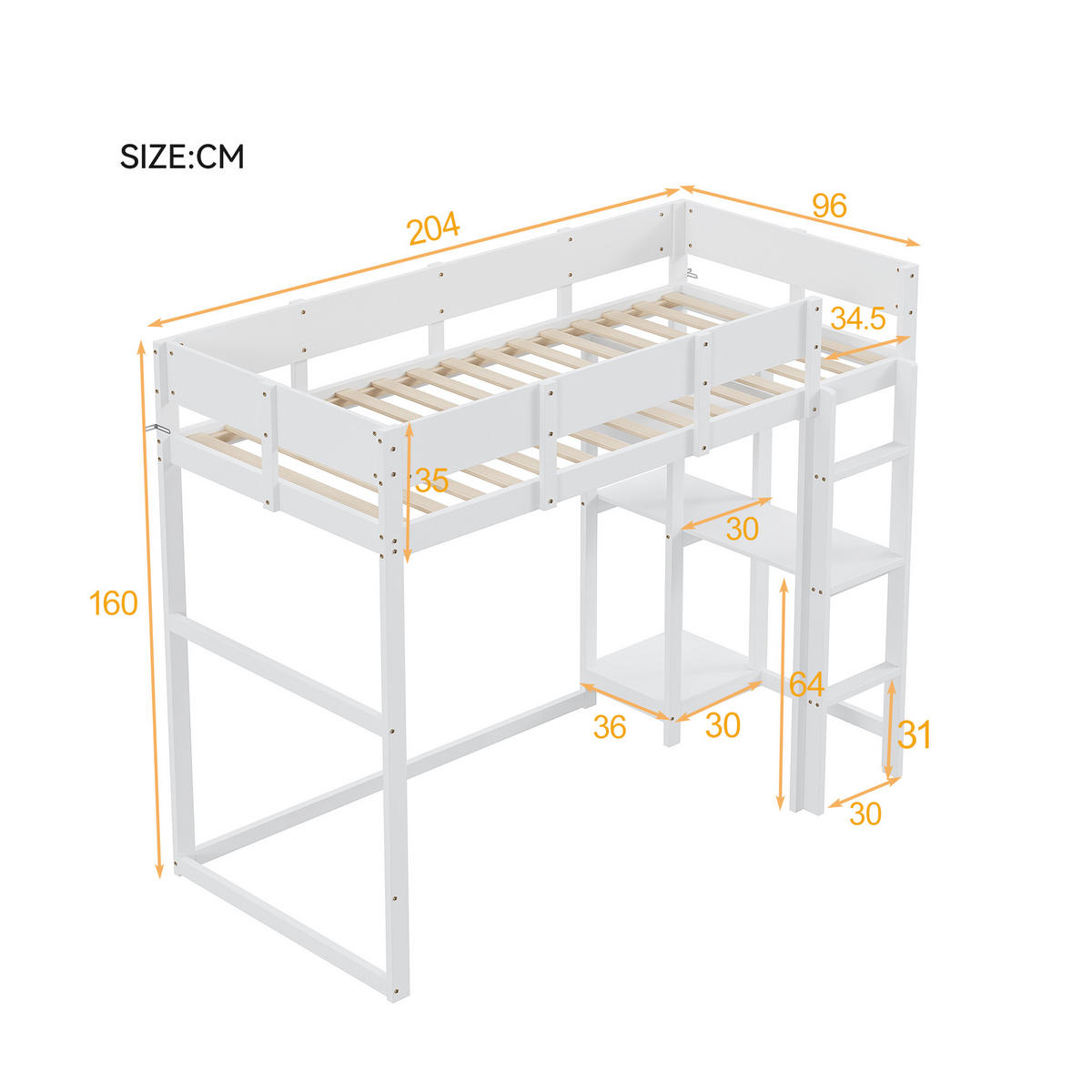 HOCHBETT mit Ablage 90/200 cm aus massivem Kiefernholz in Weiß - Weiß, Holz (90/200cm) - OKWISH