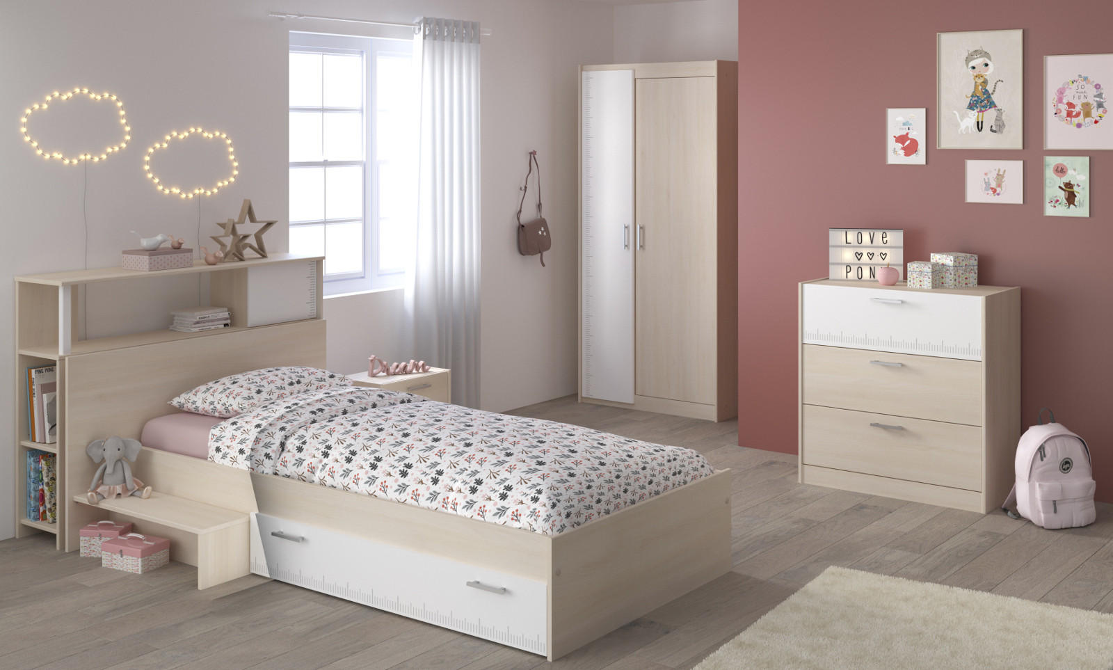 KINDERZIMMER Set 5-tlg Kleiderschrank Kommode Stauraumbett 90 x 200 cm - Silberfarben/Weiß, Holzwerkstoff/Kunststoff (121/180/233cm) - Parisot Meuble