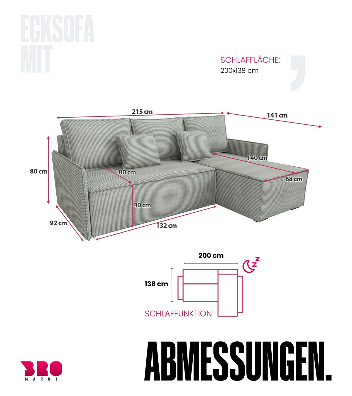 ECKSOFA Atlantic mit Schlaffunktion Grau Cord - Hellgrau, Textil (238/141cm) - Bromarkt
